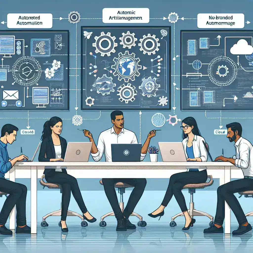 "DevOps team members collaborating on automated build artifact management solutions in a modern workspace, showcasing tools and software that streamline development workflows."